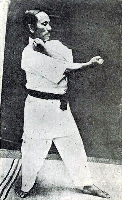 Funakoshi Gichin performing the second movement of Heian Nidan kata, 1925