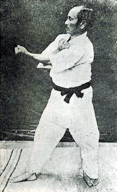 Funakoshi Gichin performing the fifth movement of Heian Nidan kata, 1925