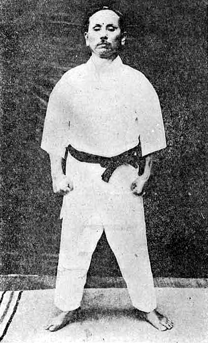 Funakoshi Gichin in the ready yoi stance opening Heian Nidan kata, 1925