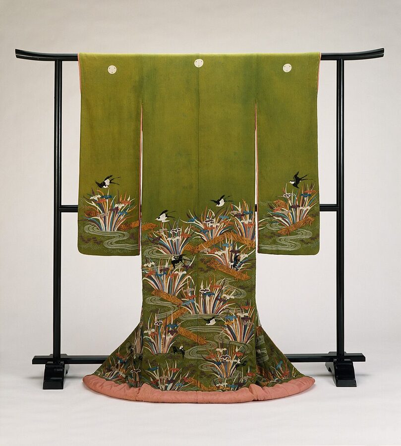 Edo period furisode kimono with plank bridges yatsuhashi irises and swallows motif from LACMA collection