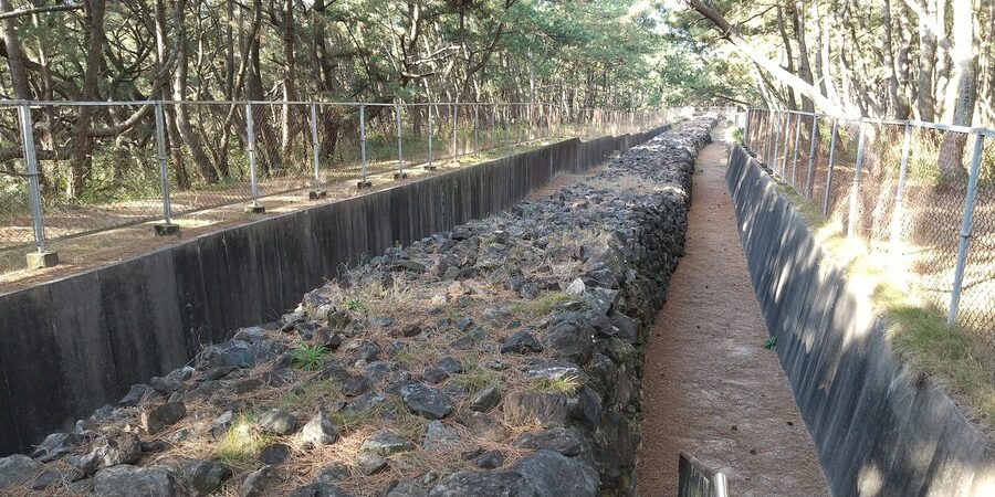 Reconstructed section of the Genko Borui defensive stone wall at Hakata Bay built 1276-1281 against Mongol invasion