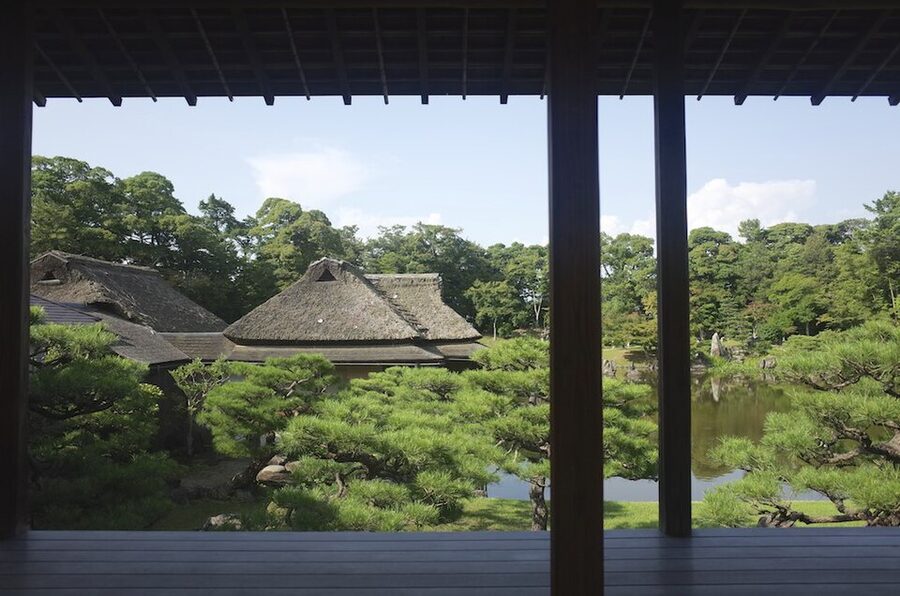 Genkyu-en Rinchi-kaku pavilion viewed from Hosho-dai platform in Hikone garden 1679 construction