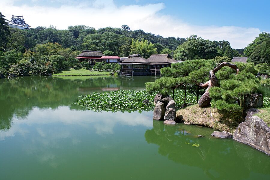 Pavilion overlooking Genkyu-en lower keep view at Hikone