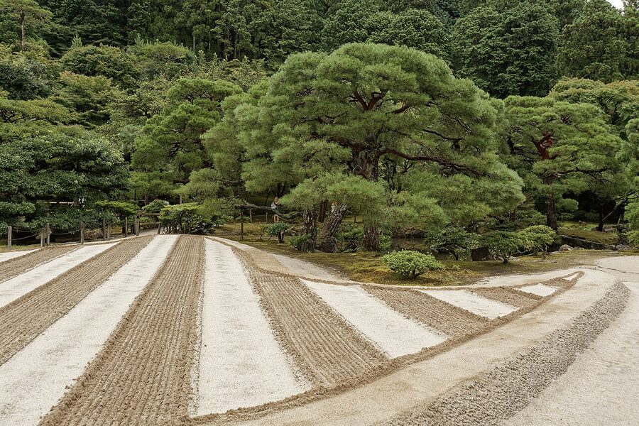 The Ginshadan sea of silver sand dry zen garden raked into parallel waves at Ginkaku-ji in Sakyo ward Kyoto