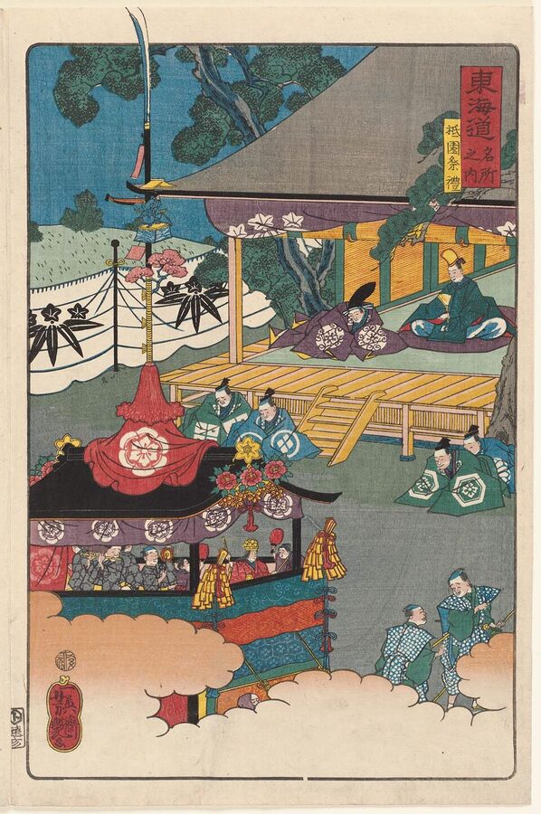 Edo-period screen painting of the Gion Festival procession of yamaboko floats through Kyoto streets