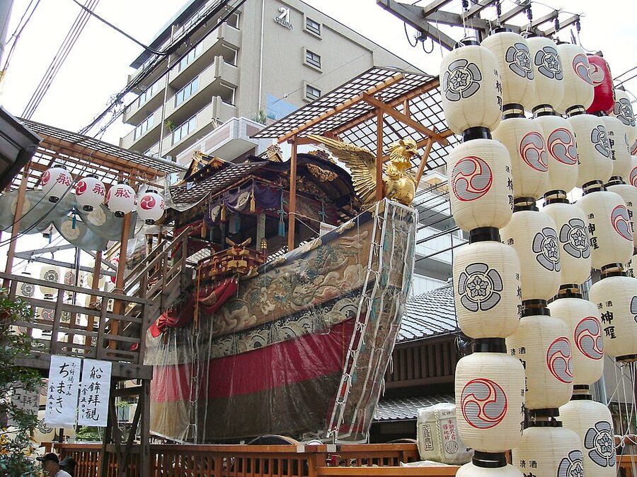 Funa-hoko ship-shaped yamaboko float with hull and mast in Kyoto