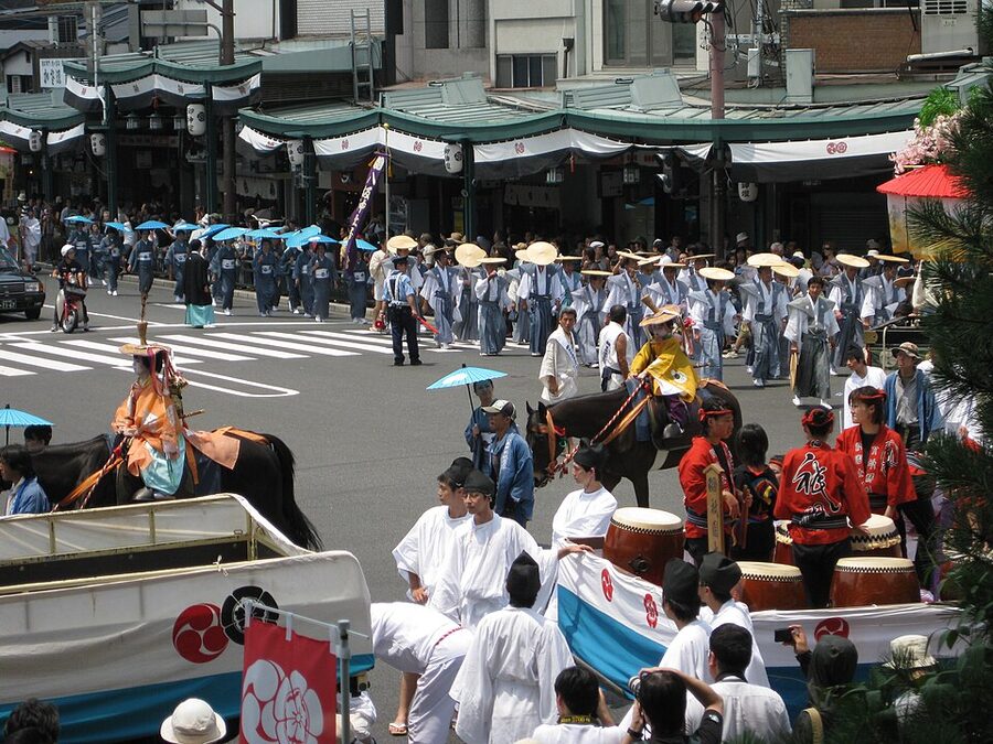 Hanagasa junko flower hat procession following Ato-matsuri at Gion Matsuri
