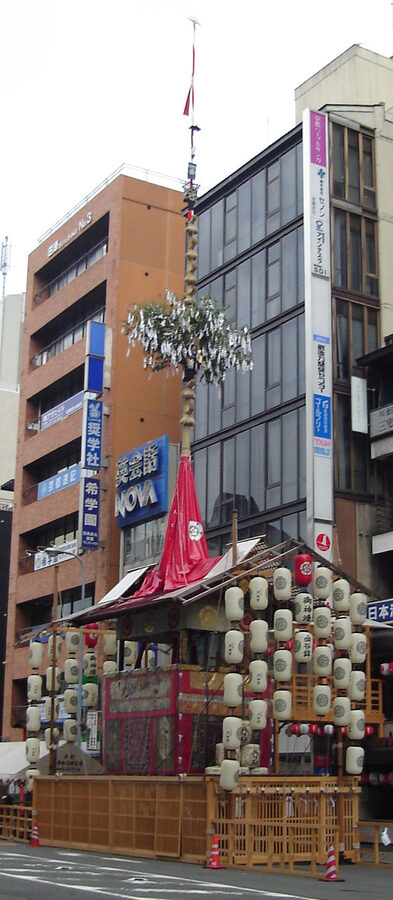 Kanko-hoko float under construction during Gion Matsuri showing the traditional carpentry joints