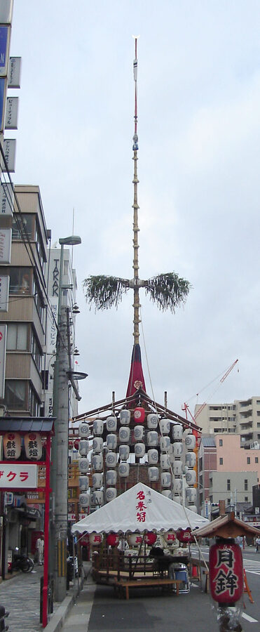 Tsuki-boko moon-themed yamaboko float with brass crescent moon at Gion Matsuri