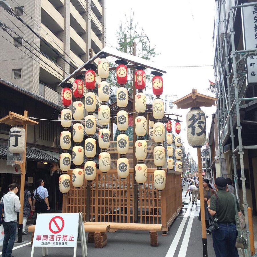 Yamaboko floats being assembled along Muromachi street during Yoiyama period of Gion Matsuri July 2015