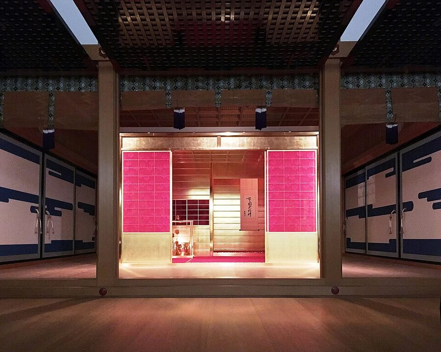 Interior detail of the gold-leafed walls and utensils of the Golden Tea Room reconstruction