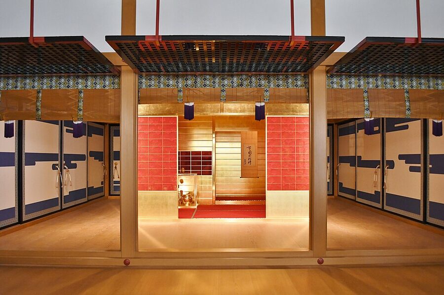Reconstruction of Toyotomi Hideyoshi's three-mat Golden Tea Room with gold-leafed walls tatami and utensils at the MOA Museum