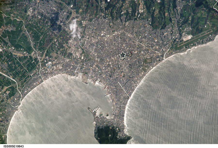 Aerial view of Goryokaku star fort in Hakodate Hokkaido with five-pointed star shape clearly visible