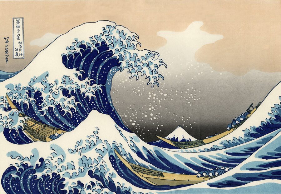 Hokusai's Great Wave off Kanagawa woodblock print with Mount Fuji in the distance