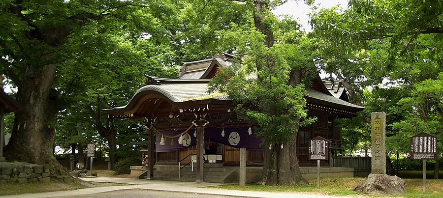 Hachiman shrine at the Kawanakajima Kosenjo Hachimanbara former battlefield in Nagano prefecture