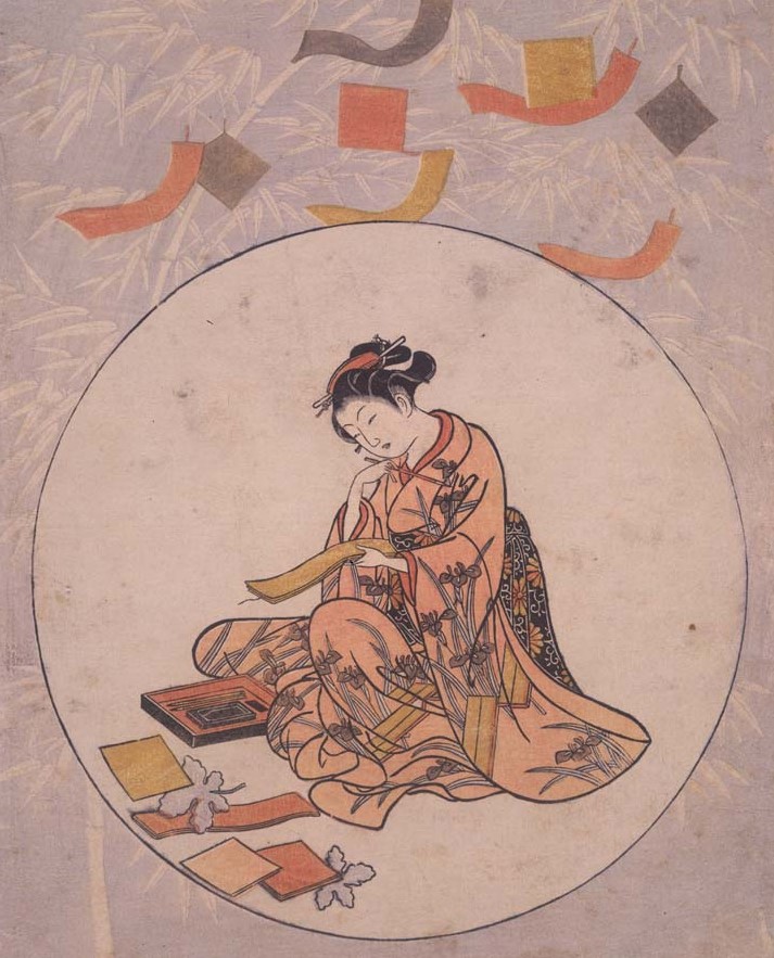 Suzuki Harunobu print of a beauty writing a Tanabata wish