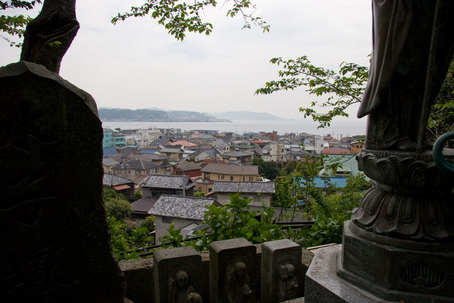 Hase-dera temple in Kamakura with view of the bay from the hillside terrace