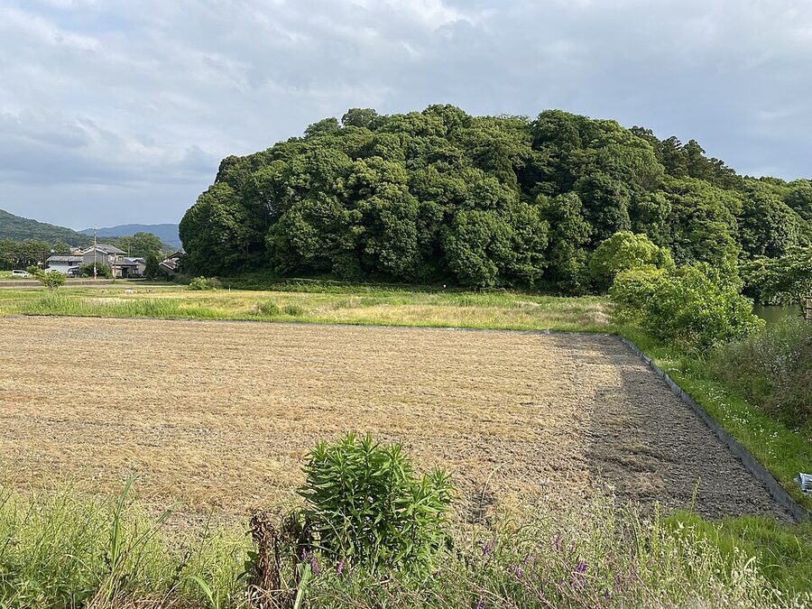 Alternate angle view of Hashihaka Kofun showing the tree-covered tumulus and surrounding moat