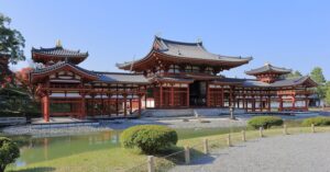 Phoenix Hall of Byodo-in temple reflected in Ajiike Pond, Uji, Kyoto