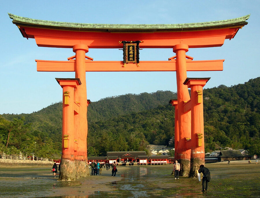 Itsukushima Shrine torii gate rising from the sea at Miyajima