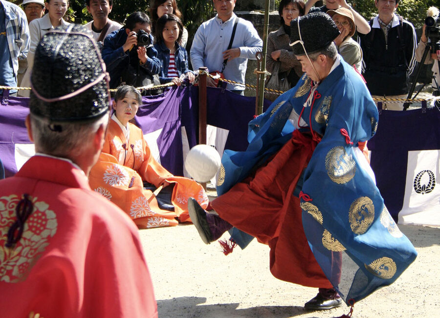 Kemari ball-kicking ceremony at Tanzan Shrine, performers in Heian costume