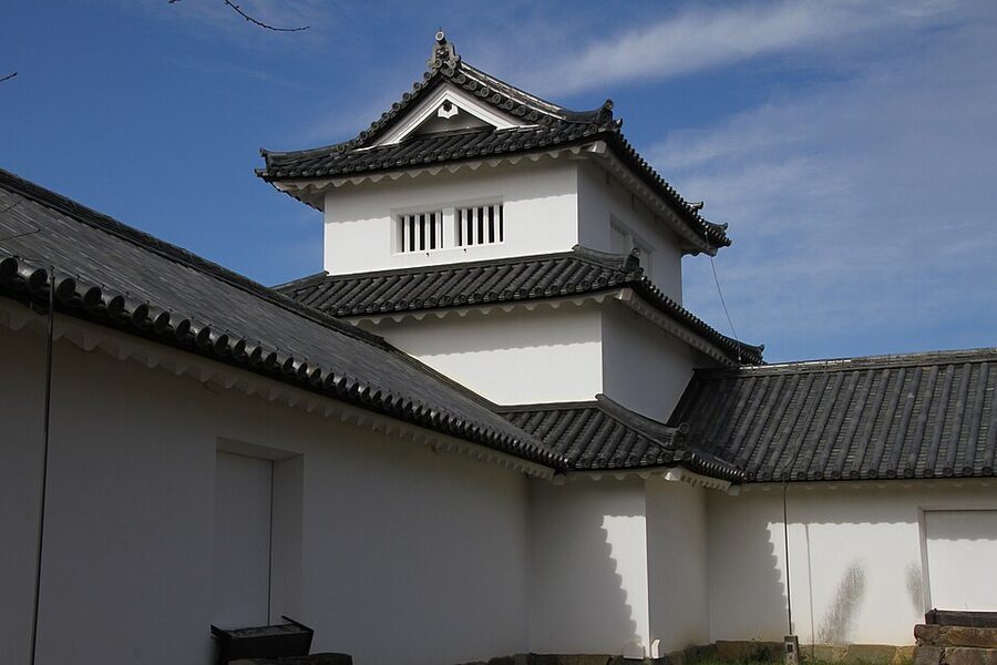 Hikone Castle inner courtyard of the honmaru precinct with the tenshu visible above and the original ishigaki stone walls surrounding