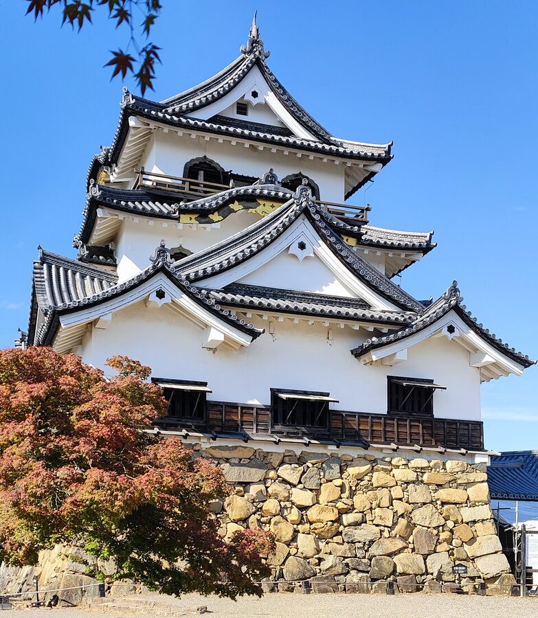 Hikone Castle tenshu viewed from the east showing multiple stacked gable types chidori hafu kirizuma karahafu