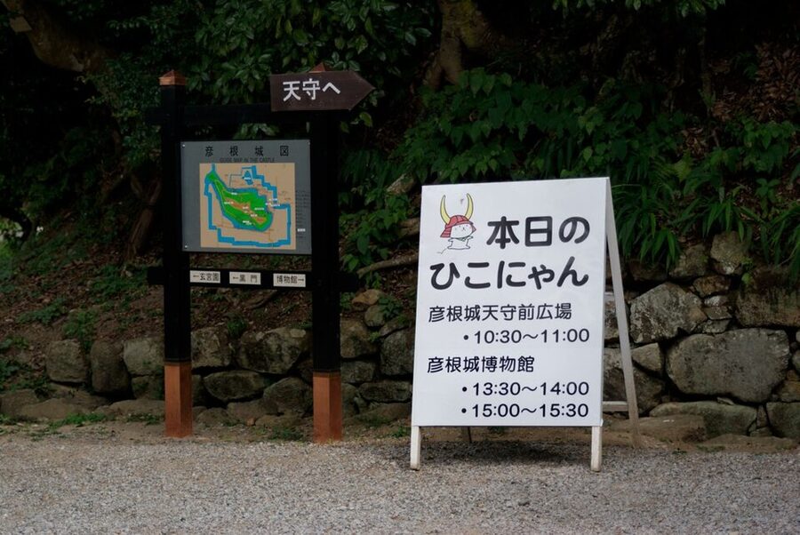 Hikonyan mascot waving to crowd of children at Hikone Castle daily appearance schedule performing the standard afternoon show