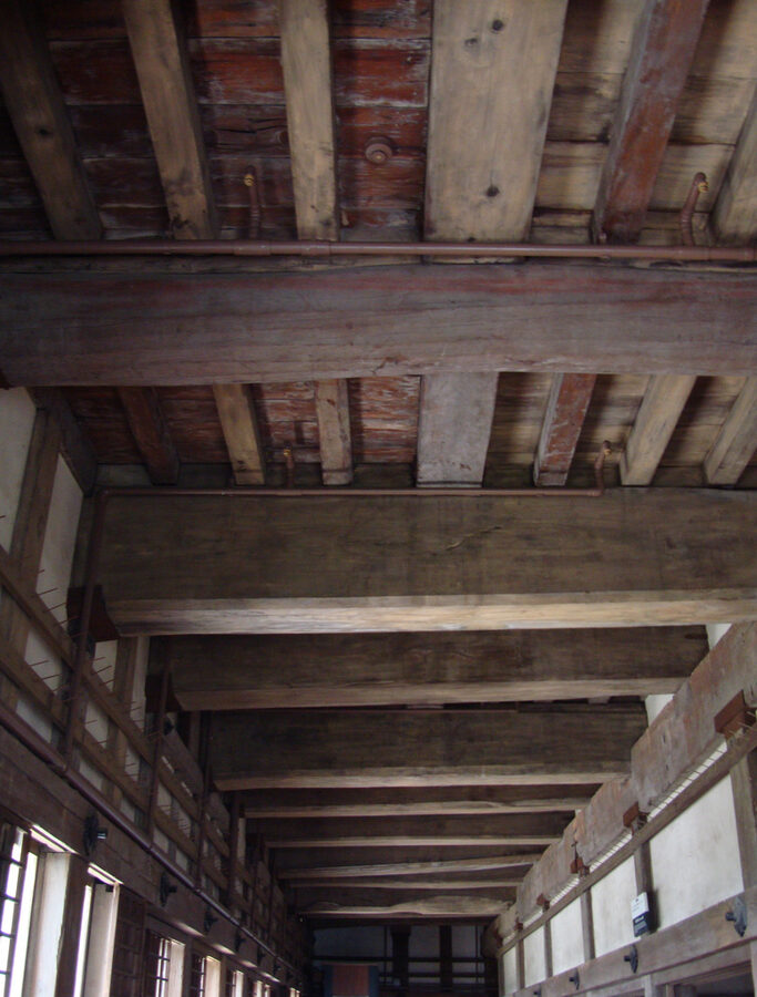 Wooden ceiling and beam structure inside the Himeji Castle main keep, original 17th century carpentry