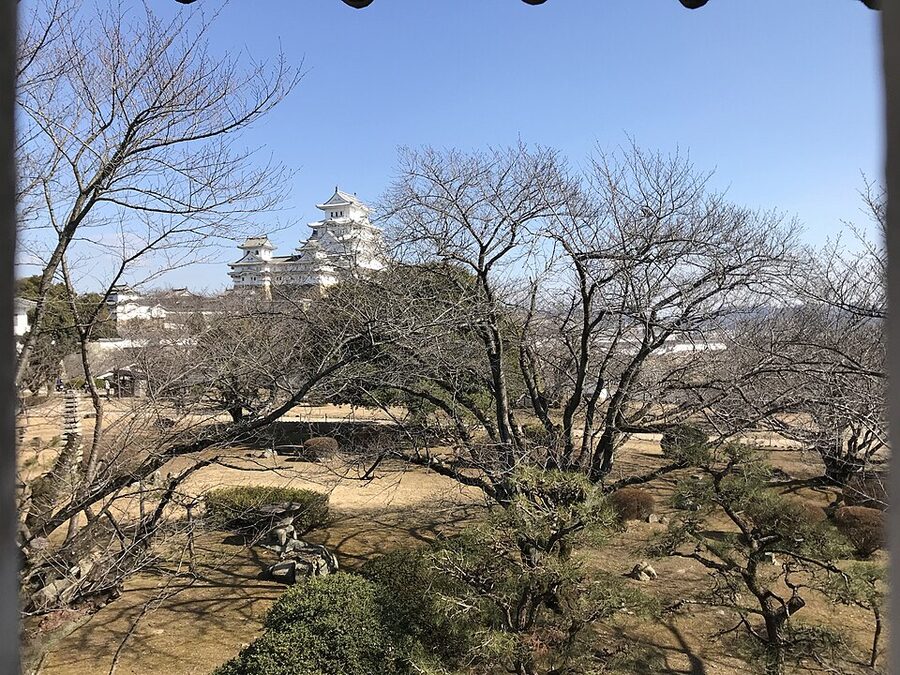 View of Himeji Castle main keep and subsidiary keeps from the Nishinomaru west bailey turret