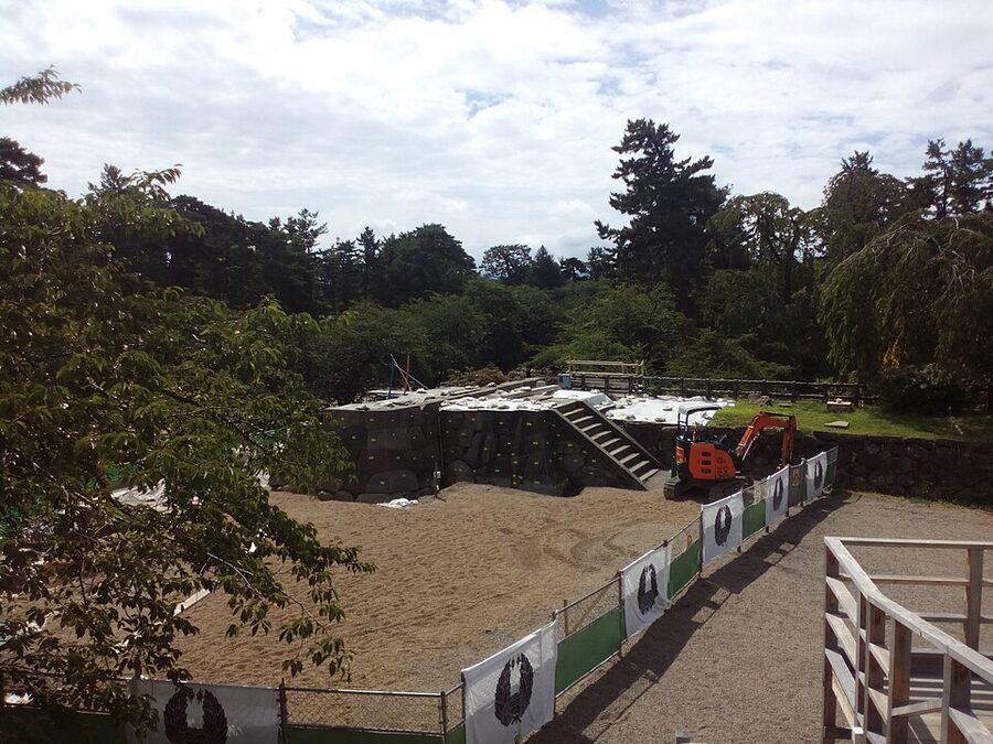 Hirosaki Castle tenshu photographed in August 2017 on the temporary platform 70 metres northwest of its original stone base during the great stone-wall repair project