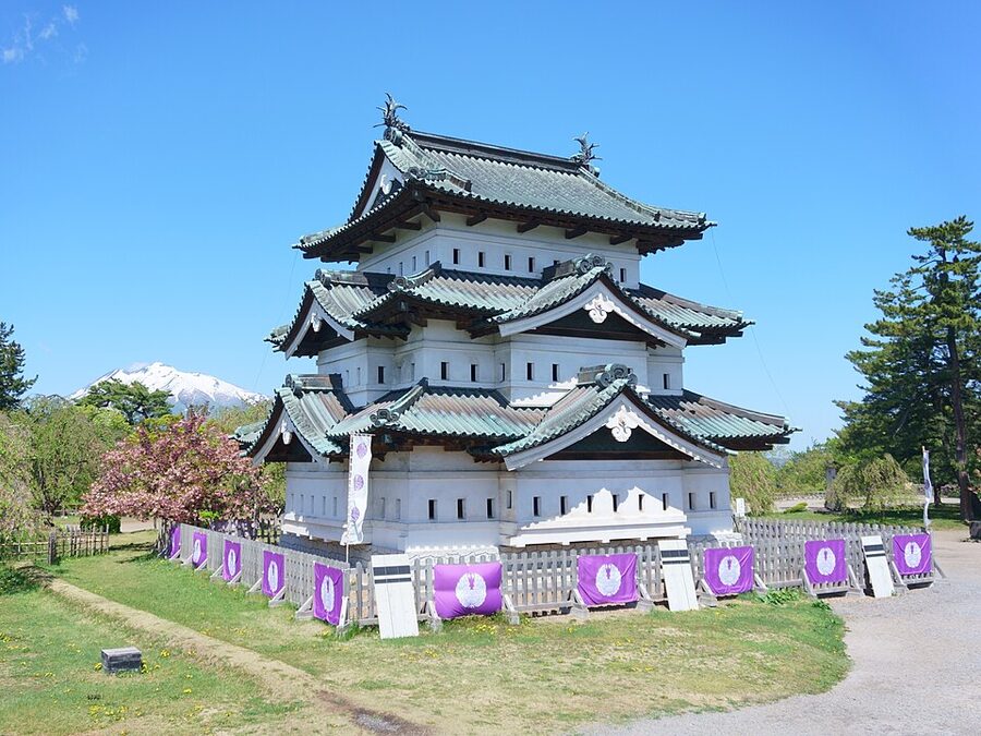 Hirosaki Castle three-storey tenshu photographed in May 2022 after the temporary platform rebuild at the corner of the honmaru east bailey