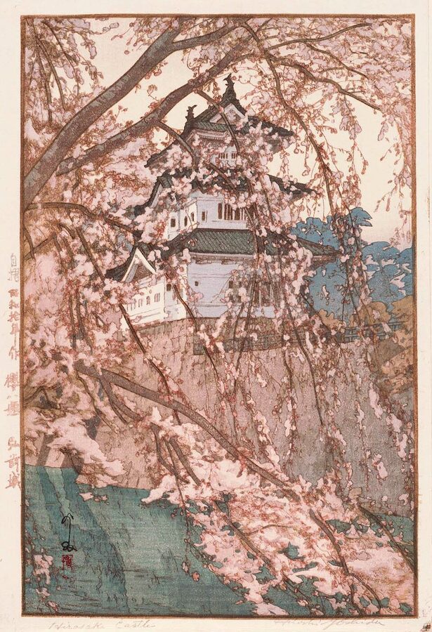 Hiroshi Yoshida 1935 woodblock print of Hirosaki Castle tenshu framed by pink cherry blossom branches from the Eight Scenes of Cherry Blossoms series in the Museum of Fine Arts Boston collection