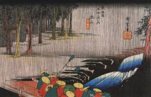 Utagawa Hiroshige ukiyo-e showing a daimyo procession in full sankin-kotai formation crossing an Edo-period bridge with palanquin retainers and spearmen
