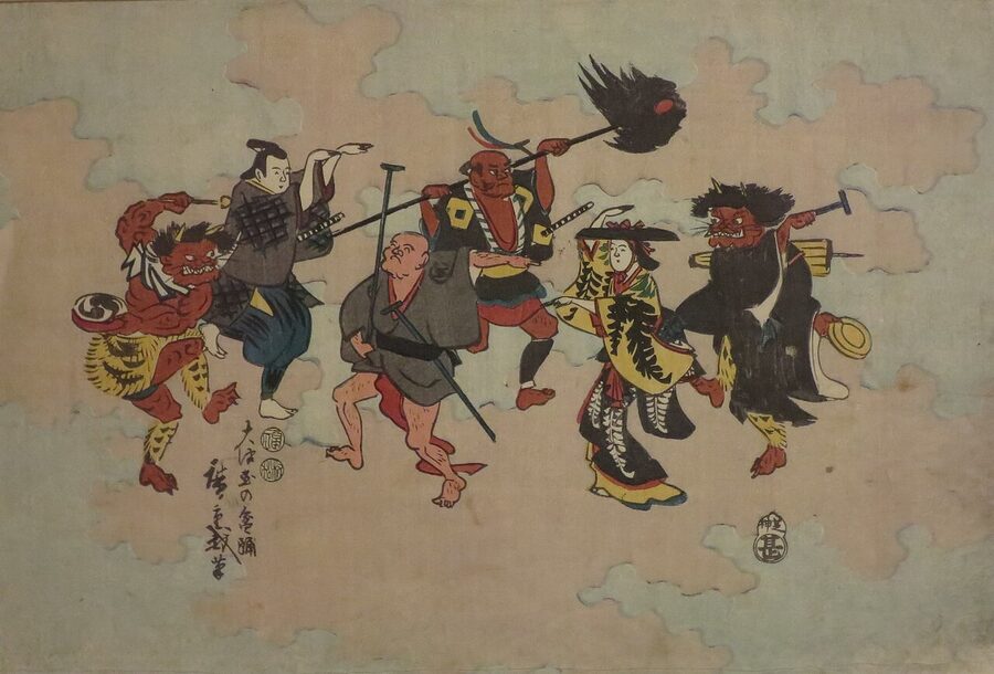 Utagawa Hiroshige ukiyo-e woodblock print showing Otsu-e characters dancing at a Bon festival, mid 19th century