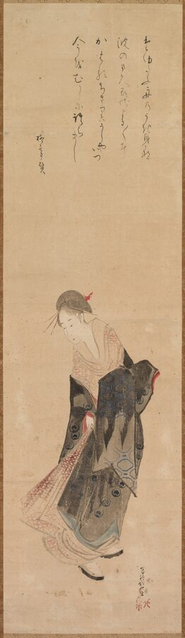 Katsushika Hokusai painting of beauty bijin wearing patterned Edo period kimono from Cleveland Museum of Art collection