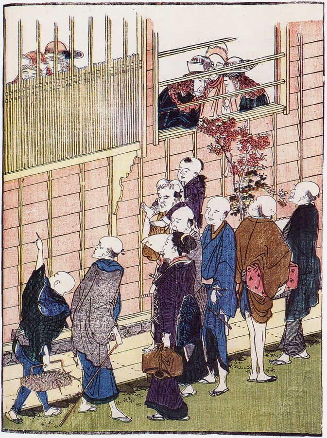 Hokusai woodblock print of Dejima island in Nagasaki Bay with Dutch trading post buildings and ships