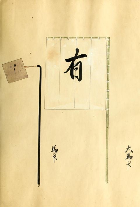 Edo-period illustrations of Hosokawa Tadaoki battle standards from the Hata-umajirushi heraldic manual