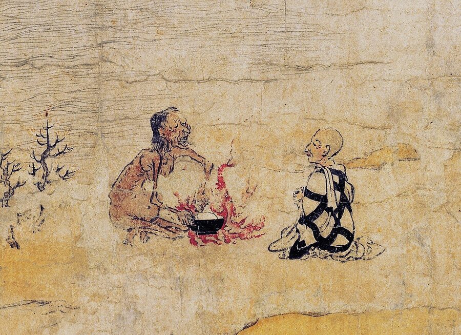 Mokuren Maudgalyayana meets his mother in the Buddhist realm of hungry ghosts in a 12th century Japanese scroll