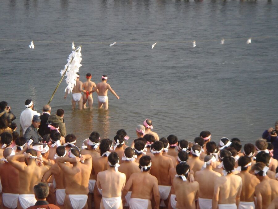 Ikenoue Misogi Matsuri river purification with fundoshi participants, Tokyo