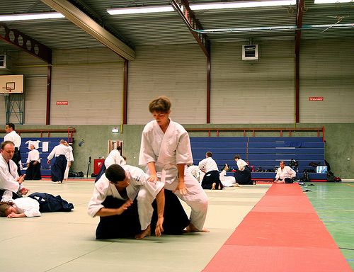 Ikkyo, the first foundational pin in aikido, applied through arm and shoulder control