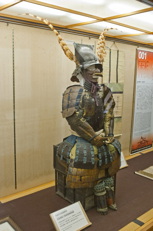 Kato Yoshiaki armor displayed inside the Iyo-Matsuyama Castle keep showing the helmet and cuirass of the founder
