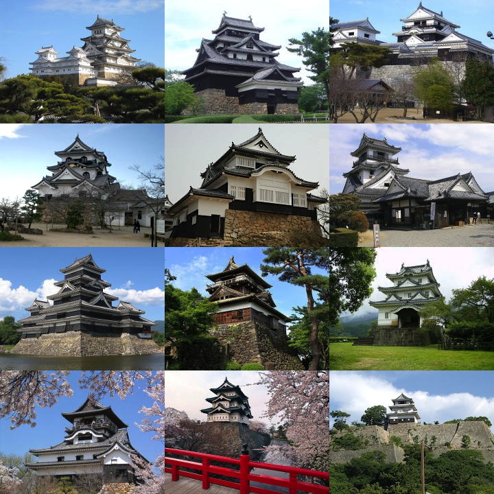 Composite image of all twelve surviving original Japanese castle keeps showing Maruoka as the smallest