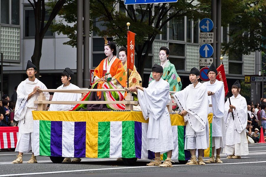 Heian period jūnihitoe layered court kimono worn by lady at Jidai Matsuri festival Kyoto