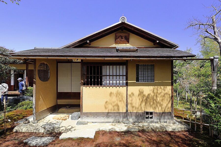 Jo-an teahouse exterior in Urakuen garden photographed in 2023 showing the relocated Kyoto structure