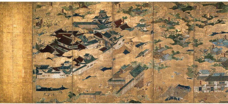 Folding screen depicting Hideyoshi's Jurakudai palace in Kyoto, the lavish residence built in 1587 to house the Imperial Regent and entertain visiting daimyō