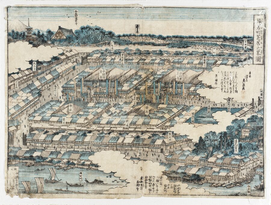 Keisai Eisen ukiyo-e showing Edo's kabuki theatre district with banners, crowds, and theatre buildings