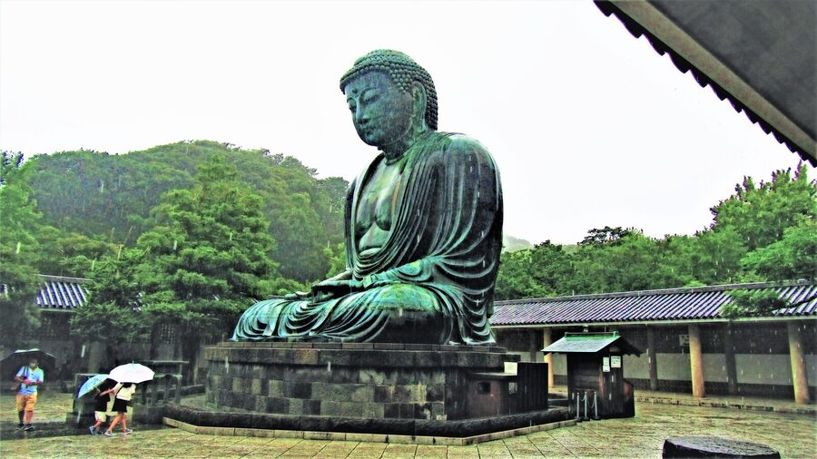 The Great Buddha of Kamakura at Kotoku-in temple seen from the front courtyard