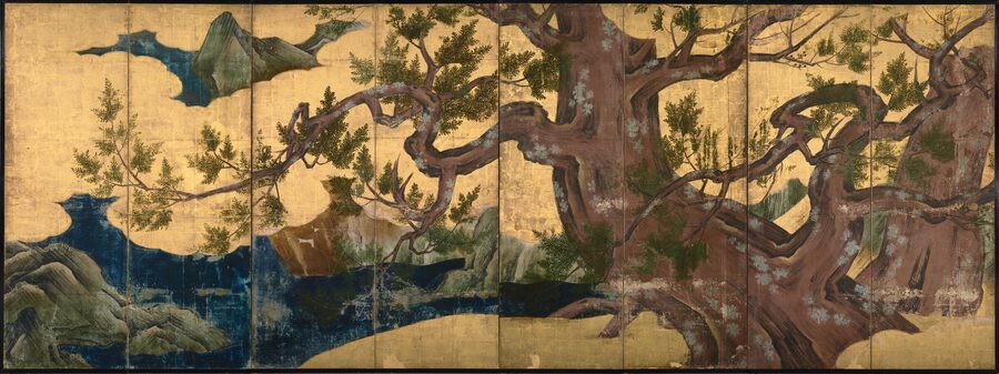 Cypress Trees folding screen by Kanō Eitoku, late 16th-century eight-panel byōbu showing two ancient cypress trunks against gold leaf sky