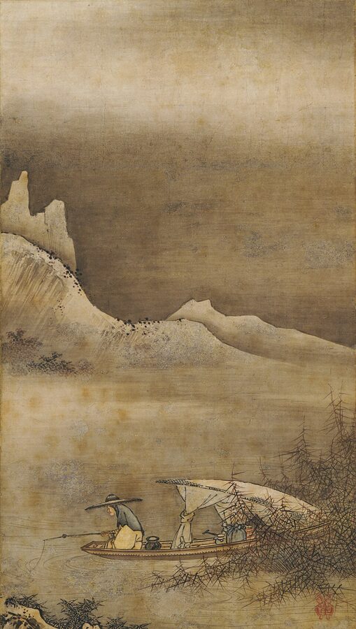 Ink-and-color landscape by Kano Masanobu 1434 to 1530 the Muromachi-era founder of the Kano school of painting at Kyushu National Museum